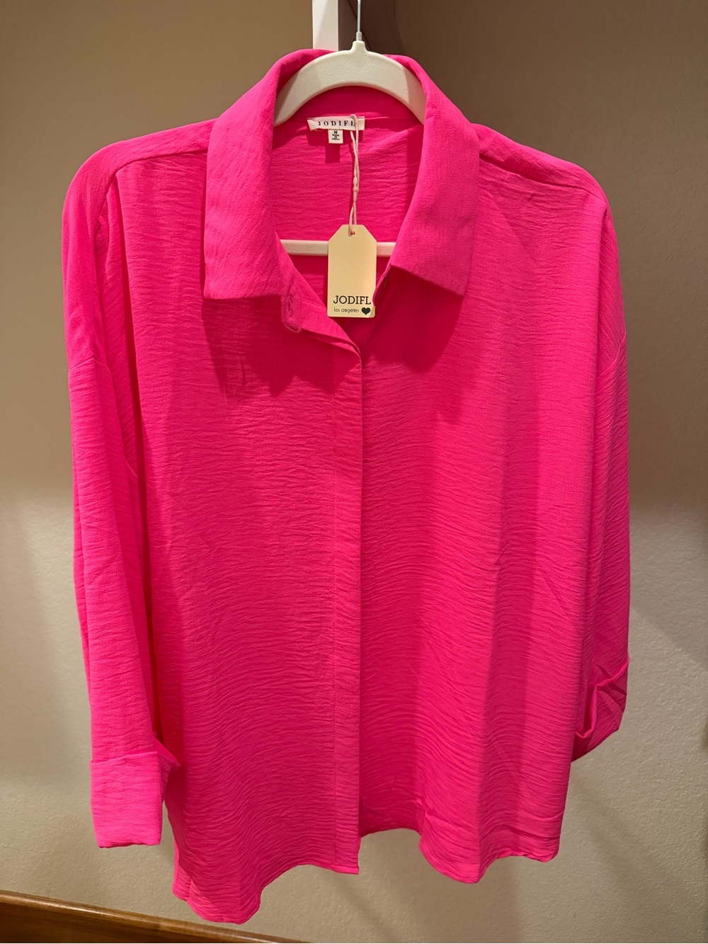 JODIFL Bright Hot Pink Button-Front Collared Blouse